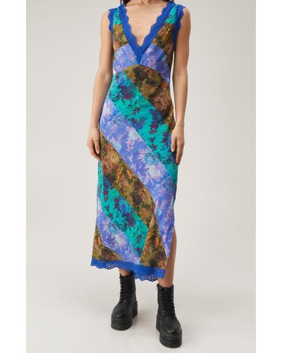 Nasty Gal Mixed Floral Print Lace Trim Midi Dress - Blue