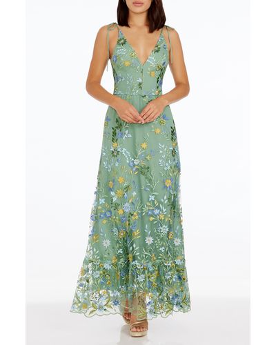 Dress the Population Sunny Embroidered Floral A-line Gown - Green