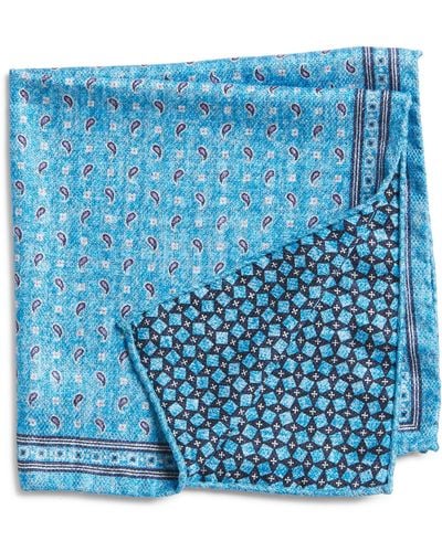 Edward Armah Mini Paisley & Squares Reversible Silk Pocket Square - Blue