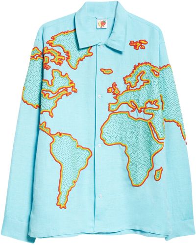Sky High Farm Gender Inclusive Beaded World Map Linen Blend Button-up Shirt - Blue
