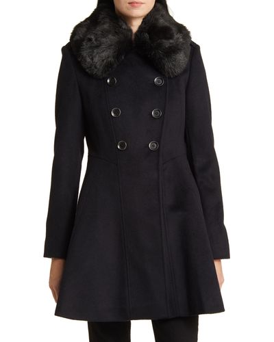 Via Spiga Faux Fur Collar Wool Blend Skater Coat - Black