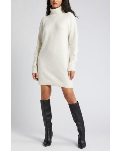 Open Edit Oversize Long Sleeve Turtleneck Sweater Dress - Natural
