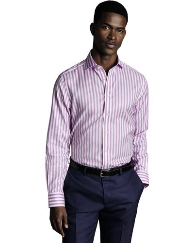 Charles Tyrwhitt Wide Stripe Non-iron Twill Cutaway Slim Fit Shirt Single Cuff - Purple