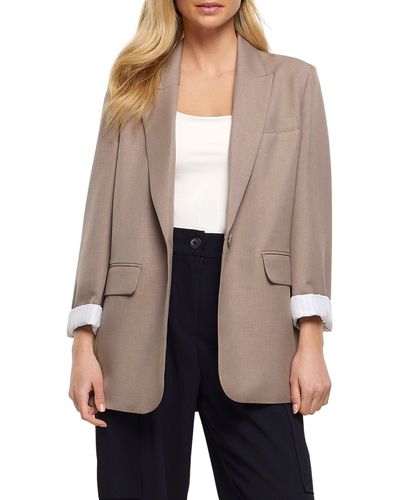 River Island Relaxed Fit Roll Sleeve Blazer - Natural
