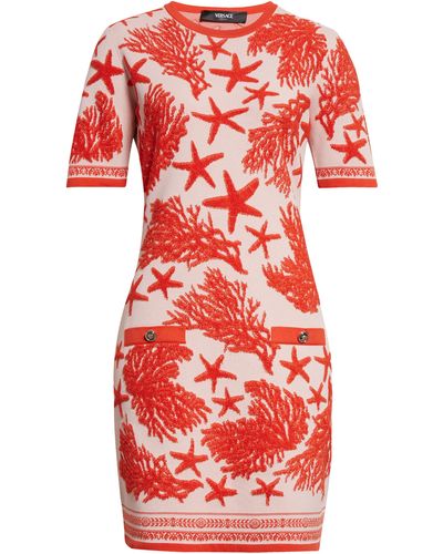 Versace Coral & Starfish Jacquard Sweater Dress - Red