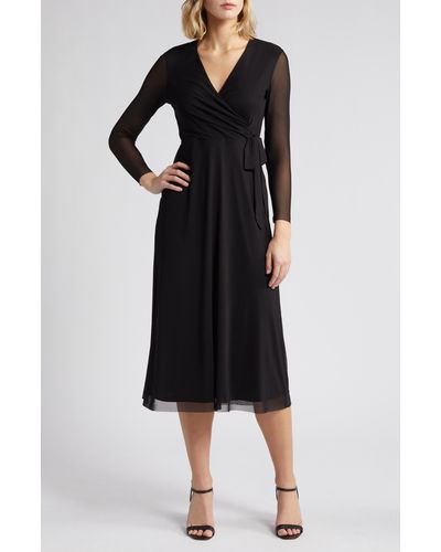 Anne Klein Long Sleeve Midi Wrap Dress - Black