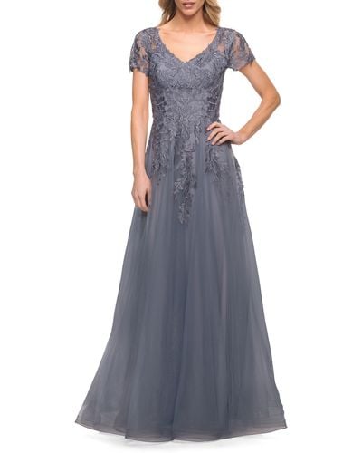 La Femme Embroidered Tulle A-line Gown - Blue