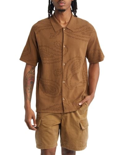 Saturdays NYC Kenneth Paisley Jacquard Knit Short Sleeve Button-up Shirt - Brown