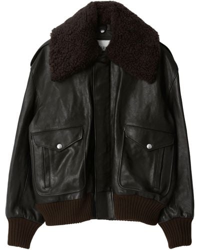 Burberry Leather Bomber Jacket With Removable Genuine Shearling Trim - Black