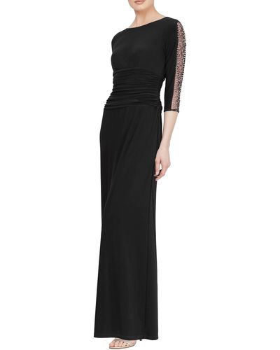 Sl Fashions Beaded Sleeve Ruched Gown - Black
