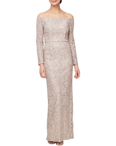 Alex Evenings Floral Embroidered Sequin Off The Shoulder Long Sleeve Gown - Natural