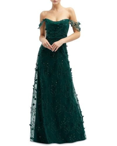 Dessy Collection 3d Embroidered Off The Shoulder Gown - Green