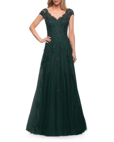 La Femme Embellished Tulle & Lace A-line Gown - Green