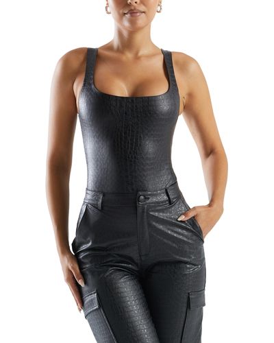 Naked Wardrobe The Crocodile Collection Croc Embossed Faux Leather Tank Bodysuit - Black