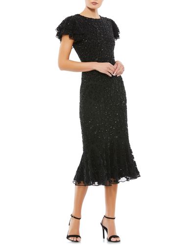 Mac Duggal Beaded Ruffle Sleeve Midi Cocktail Dress - Black