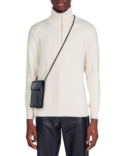 Sandro Trucker Wool & Cotton Half Zip Sweater - White