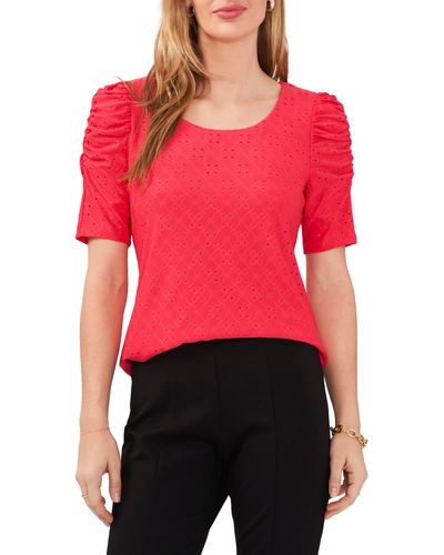 Chaus Eyelet Ruched Sleeve Knit Top - Red