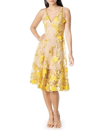 Dress the Population Audrey Embroidered Fit & Flare Dress - Yellow