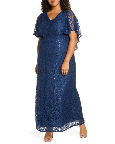 Kiyonna Celestial Cape Sleeve Lace Gown - Blue
