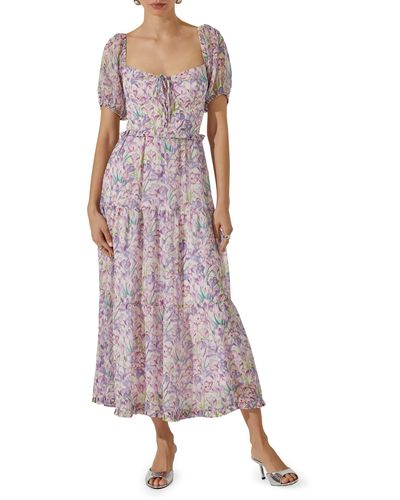 Astr Floral Bustier Bodice Tiered Midi Dress - Purple