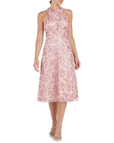 JS Collections Amy Sequin Floral Halter Neck Cocktail Midi Dress - Pink