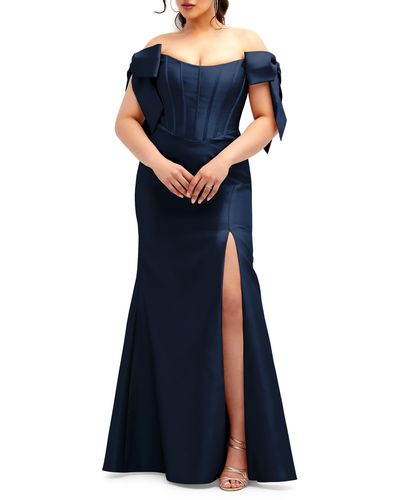 Alfred Sung Off The Shoulder Bow Corset Satin Trumpet Gown - Blue
