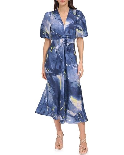 DKNY Print Puff Sleeve Satin Midi Dress - Blue