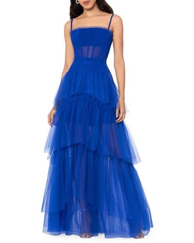 Betsy & Adam Tiered Tulle Ruffle Gown - Blue