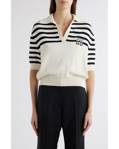 Givenchy Logo & Stripe Crop Polo Sweater - White