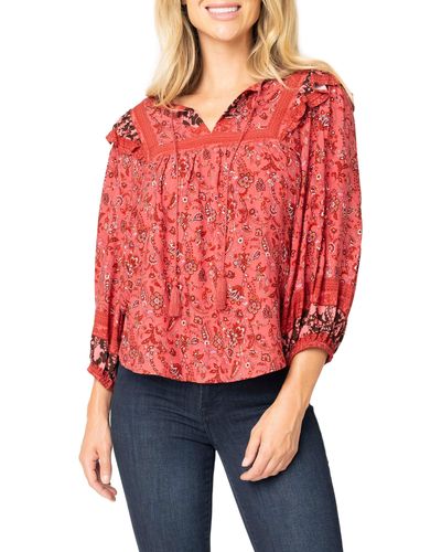 Gibsonlook Harvest Moon Border Print Tie Neck Top - Red