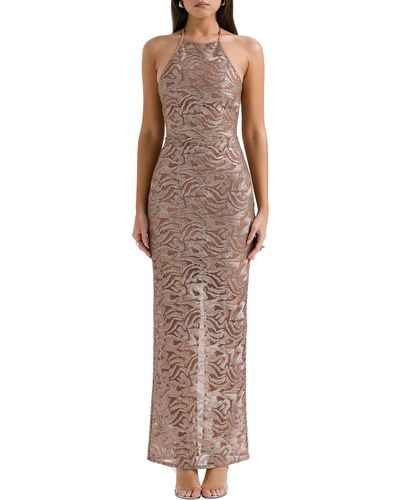 House Of Cb Giada Beaded Halter Gown - Brown
