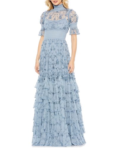 Mac Duggal Floral Embroidered Tiered Ruffle Gown - Blue
