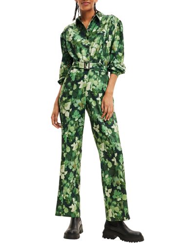 Desigual Ronda Floral Camo Long Sleeve Belted Jumpsuit - Green