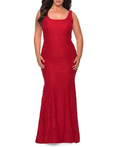 La Femme Beaded Lace Trumpet Gown - Red