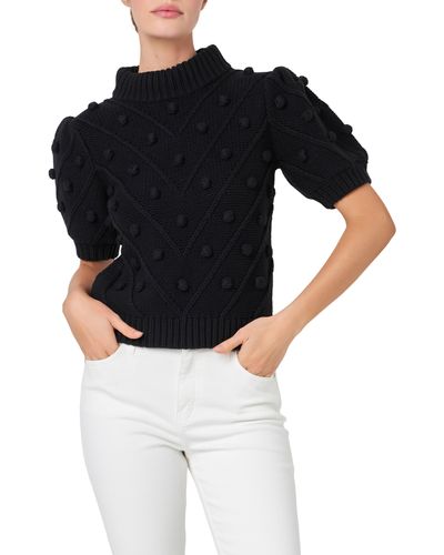 English Factory Pompom Puff Sleeve Sweater - Black