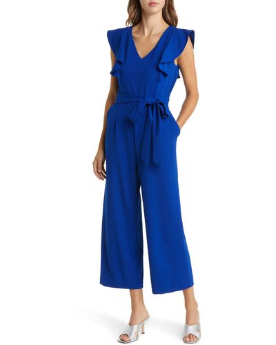 Tahari Flutter Sleeve Wide Leg Jumpsuit - Blue