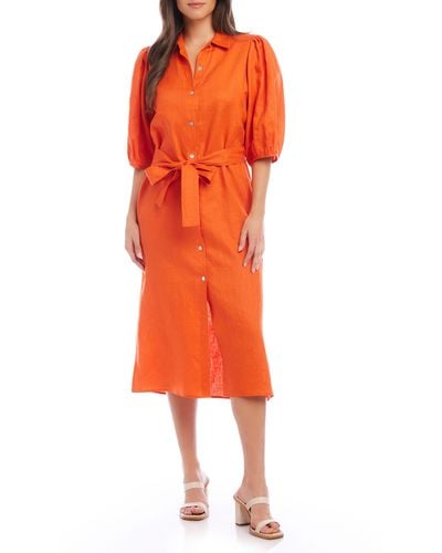 Karen Kane Puff Sleeve Linen Midi Shirtdress - Orange