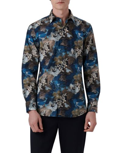 Bugatchi Julian Shaped Fit Watercolor Floral Print Stretch Cotton Button-up Shirt - Blue
