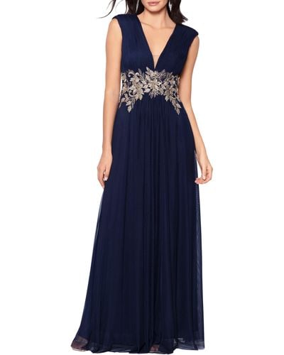 Betsy & Adam Beaded Floral Embroidered Gown - Blue