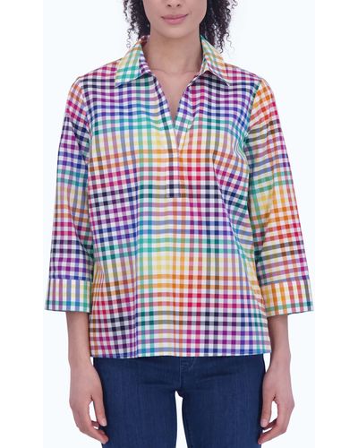 Foxcroft Sophia Rainbow Gingham Cotton Popover Shirt - Red