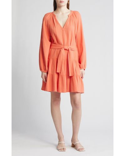 Rails Aureta Long Sleeve Organic Cotton Gauze Dress - Orange