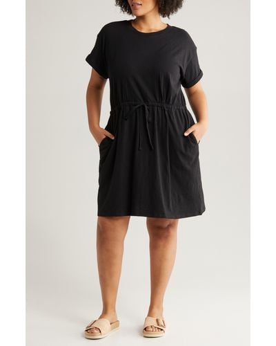 Caslon Caslon(r) Drawstring Waist Organic Cotton T-shirt Dress - Black