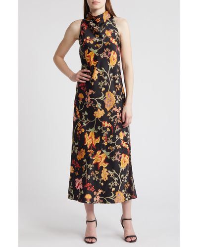 Anne Klein Floral Cowl Neck Sleeveless Satin Maxi Dress - Multicolor