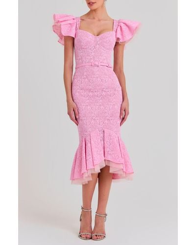 Nadine Merabi Belted Ruffle Lace Midi Dress - Pink