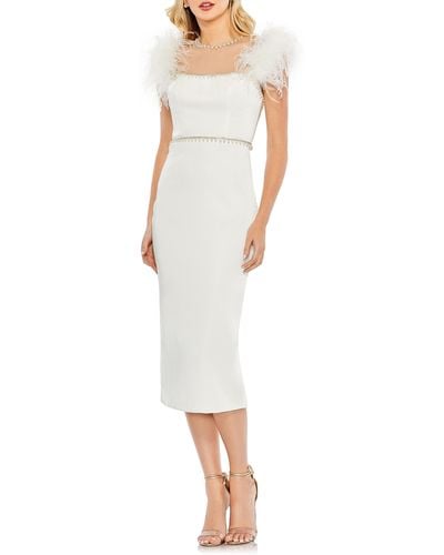 Mac Duggal Feather Cap Sleeve Embellished Sheath Cocktail Dress - White