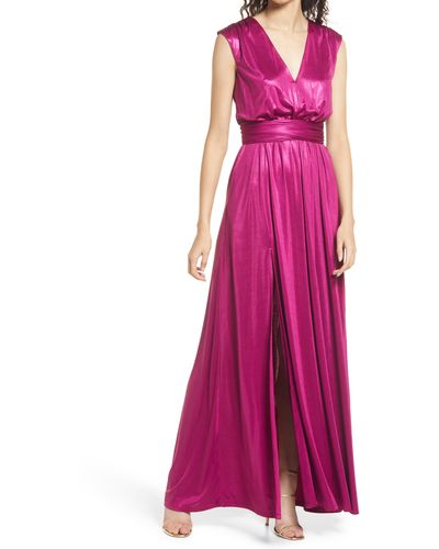 Dress the Population Krista Plunge Neck Side Slit Gown - Purple