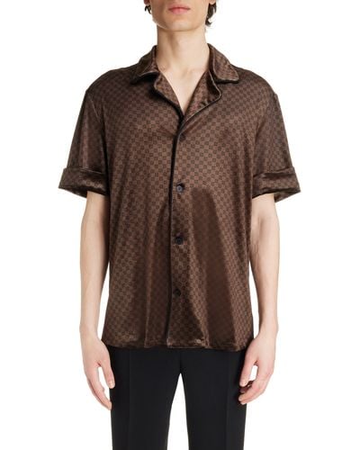 Balmain Mini Monogram Short Sleeve Velvet Button-up Shirt - Brown