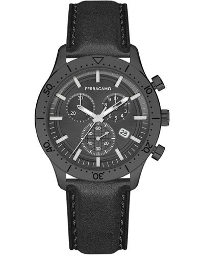 Ferragamo Master Leather Strap Chronograph Watch - Black