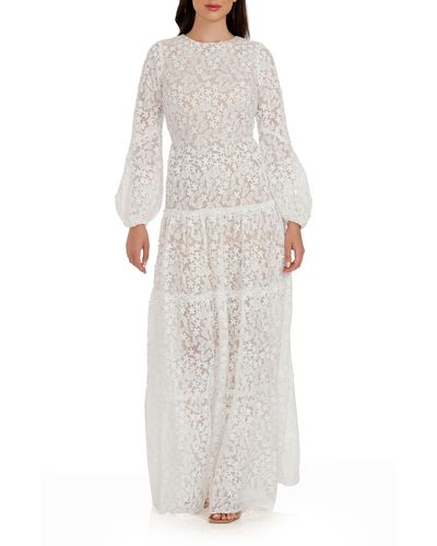 Dress the Population Lyra Semisheer Long Sleeve Gown - White