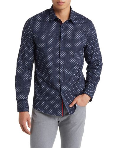 Stone Rose Painted Dot Print Stretch Cotton Button-up Shirt - Blue
